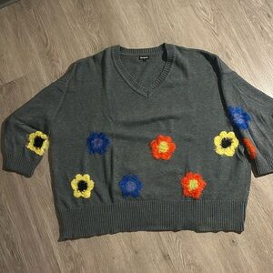Desigual Oversized Grey Sweater with Flower Patches Size L